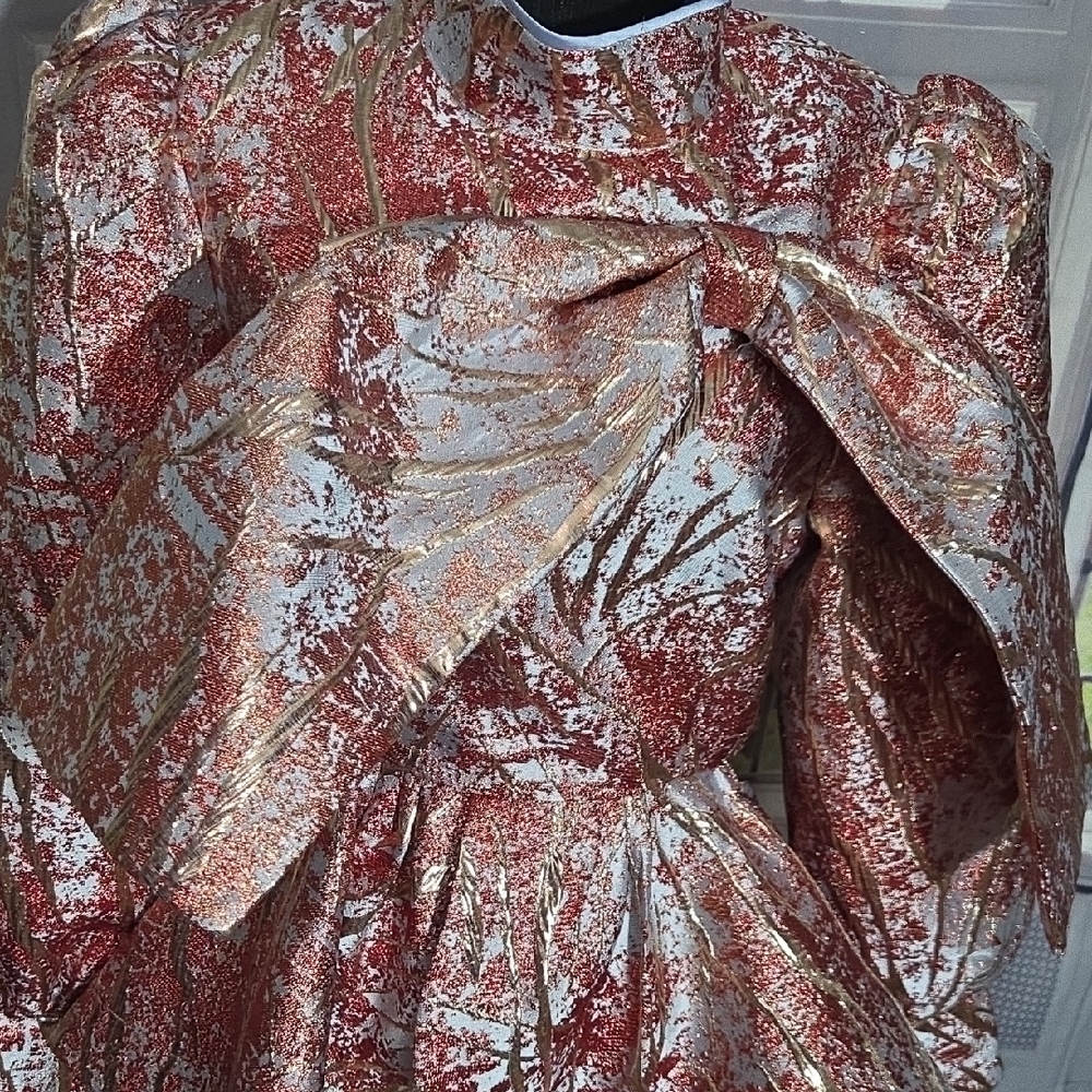 AKIRA Vibrant Red, Gold, and Sky Blue Brocade Patterned Top - Picture 6 of 7